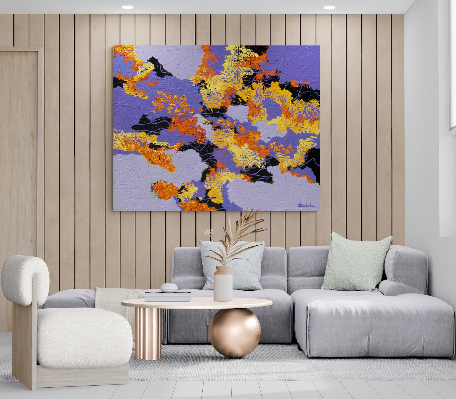   Mostrando i colori vivaci e le texture per cui il suo lavoro è noto, 