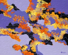 "Préférer la pervenche"  Grand tableau abstrait avec des textures or, orange et lavande