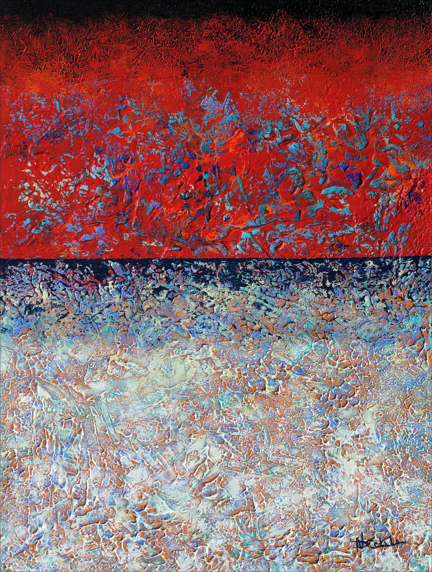 Nancy Eckels Abstract Painting - "Pure Emotion" Mixed Media abstract with textural reds, blues, and lavender