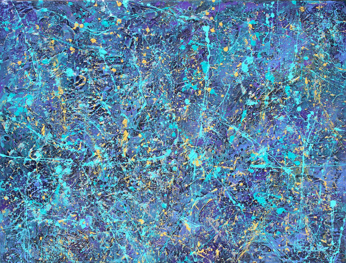 „Purple Passion“ Abstrakte Mischtechniken abstrakt mit Textur in Violett, Türkis und Gold – Mixed Media Art von Nancy Eckels