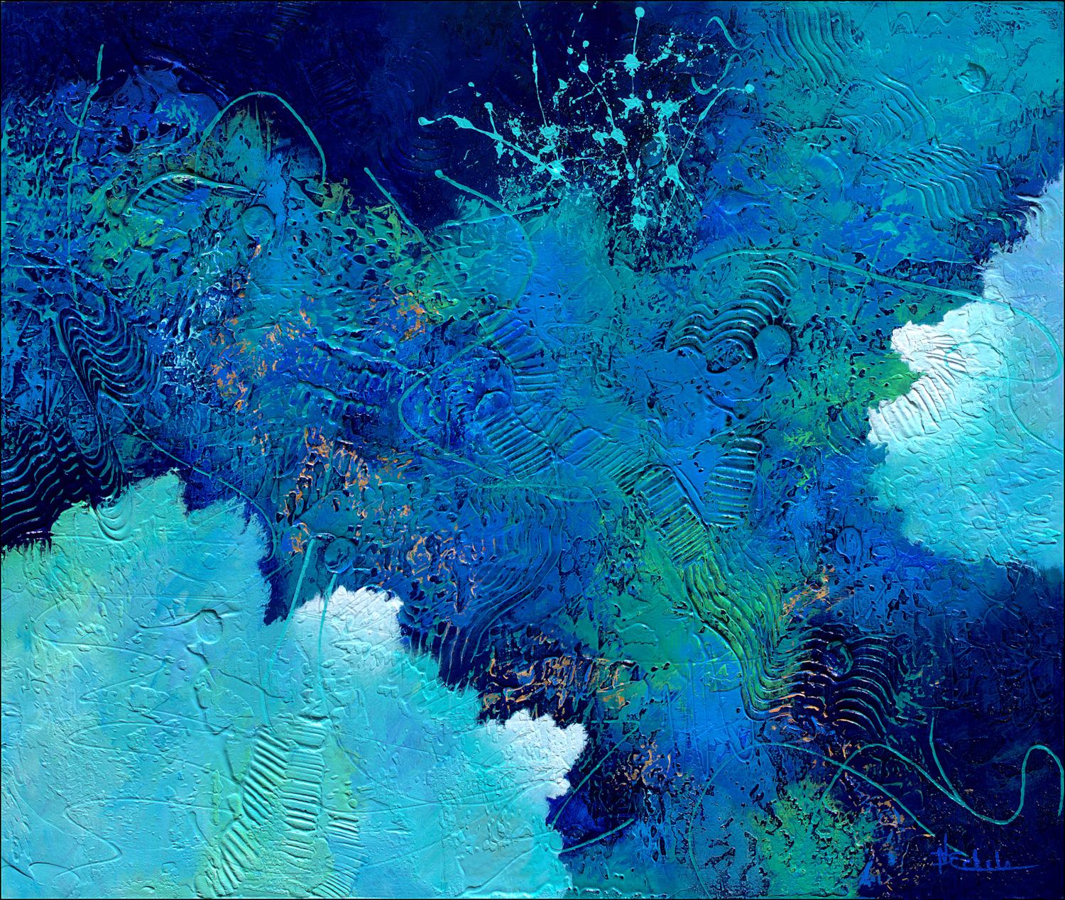 Nancy Eckels Abstract Painting - "Quirky Water" Mixed Media abstract with textural rich blues, teal, aqua