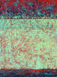"Red Line" by Nancy Eckels large abstract painting with texture and greens, reds