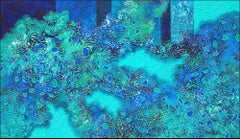 "Refreshing" Mixed Media abstract with textural blues, aqua and purple