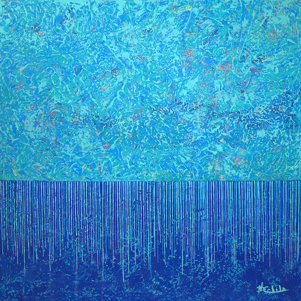 Nancy Eckels Abstract Painting – „Release“ Abstrakte Mischtechnik mit strukturiertem Blau, Teal, Türkis