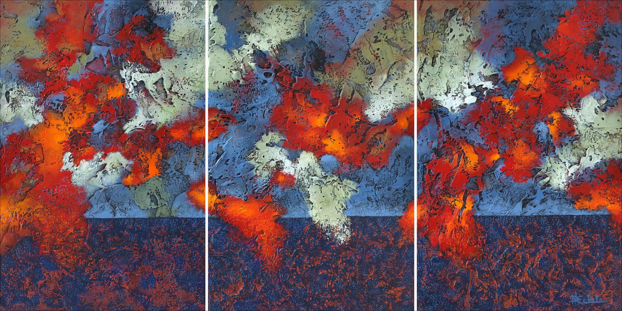"Ridgeline Sundown" Nancy Eckels large abstract triptych with texture and reds