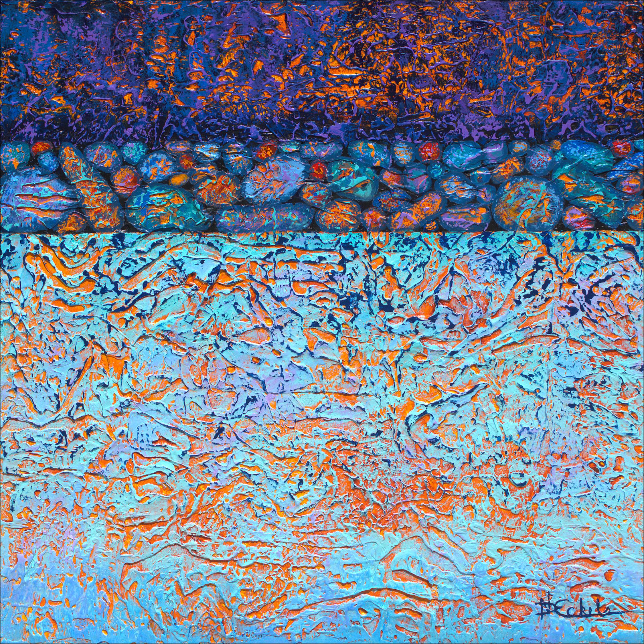 Abstract Painting di Nancy Eckels - "Concerto rock II" Tecnica mista astratta con texture di viola, blu e arancione