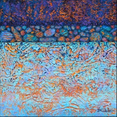 "Rock Concert II" Mixed Media abstract with textural purples, blues and oranges