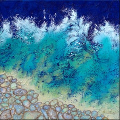 "Rocky Beach" Mixed Media abstract with textural greens, blues and whites