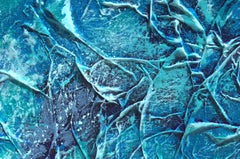 "Sea Dreams" mixed media abstract with textural blues, teal, and aquas