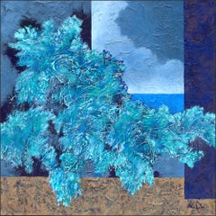 "Sea Dreams" mixed media abstract with textural blues, teal, and aquas