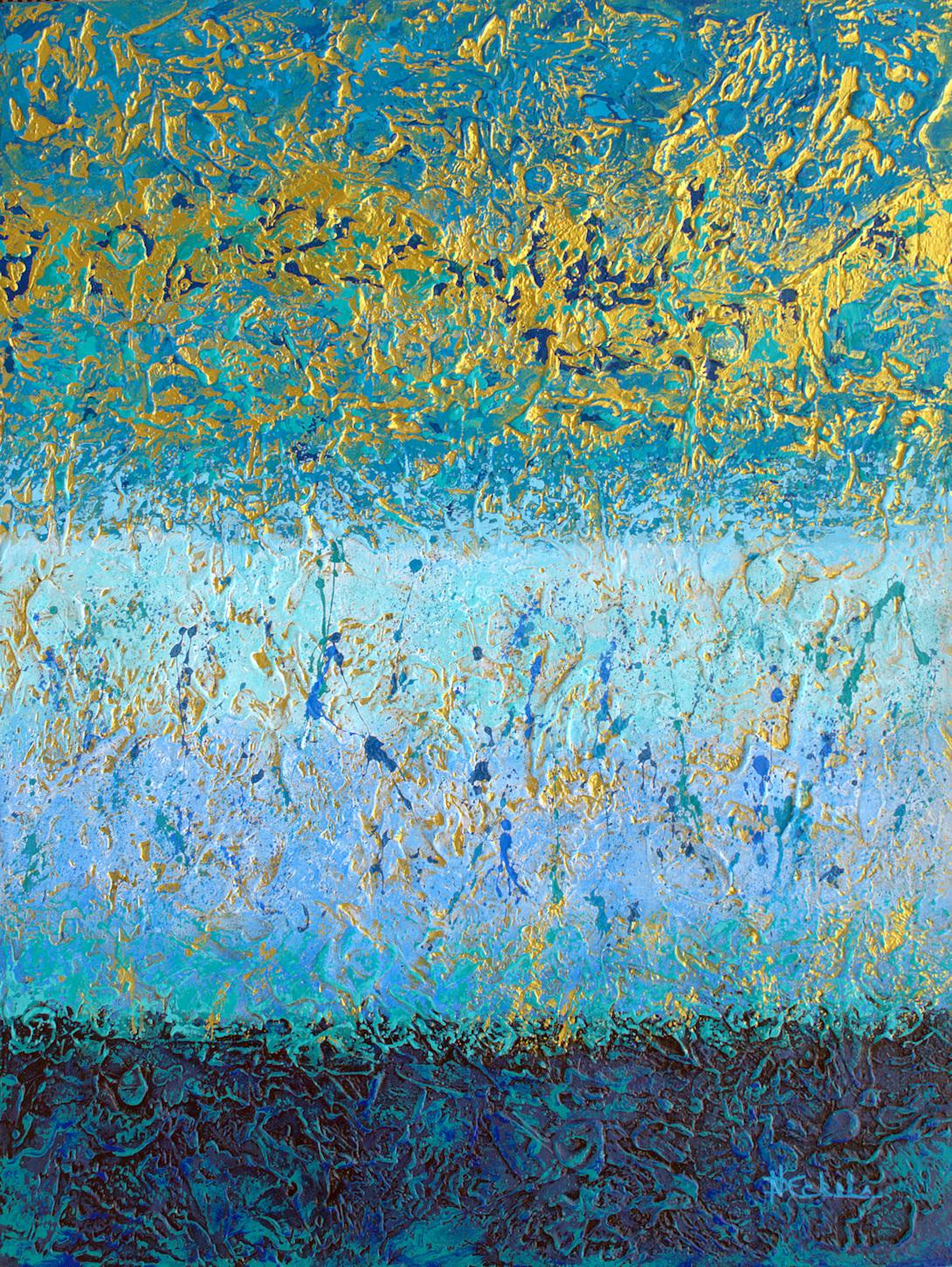 Nancy Eckels Abstract Painting - Sea Layers" Mixed Media abstract with textural rich blues, teal, aqua, gold