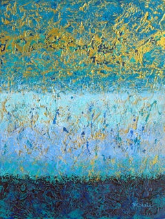 Sea Layers" Mixed Media abstract with textural rich blues, teal, aqua, gold