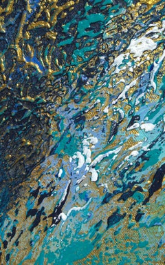 "Sea Sparkle 1 "  Mixed Media abstract with textural greens, blues and gold