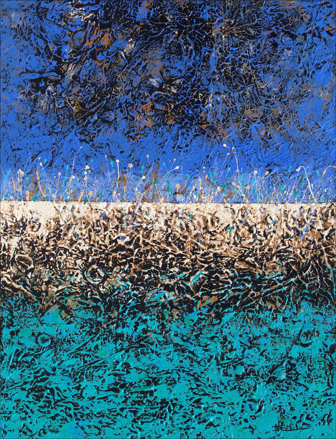 ""Sea Splash" Mixed Media abstrakt mit strukturierten Grün-, Blau-, Lavendel- und Hellbrauntönen – Mixed Media Art von Nancy Eckels