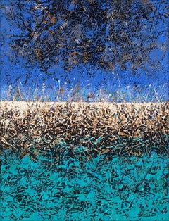 ""Sea Splash" Mixed Media abstrakt mit strukturierten Grün-, Blau-, Lavendel- und Hellbrauntönen