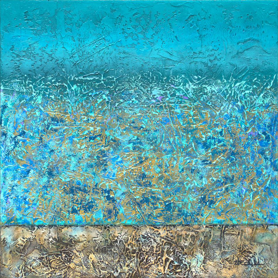 ""Seaside Glimmer" Abstraktes Mixed Media mit strukturierten Grün- und Blautönen – Mixed Media Art von Nancy Eckels