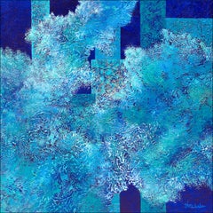 "Seaside Splash" Mixed Media abstract with textural blues, aqua and white