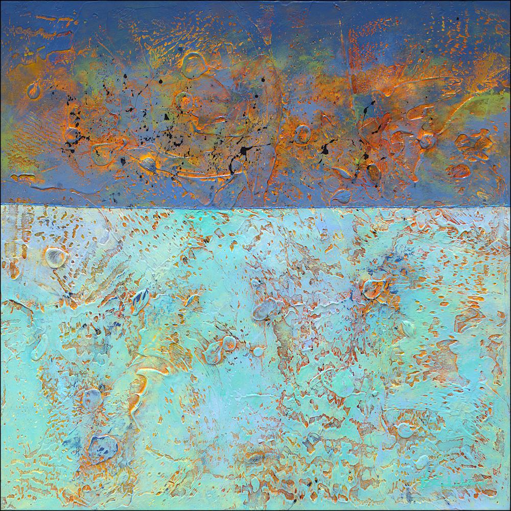 Nancy Eckels Abstract Painting - "Seaside Sunset" Mixed Media abstract with textural greens, blues, reds, gold