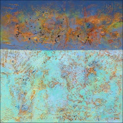 "Seaside Sunset" Mixed Media abstract with textural greens, blues, reds, gold