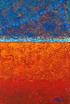 « Shining Through The Blues » - Technique mixte abstraite avec texture rouge, bleu, violet