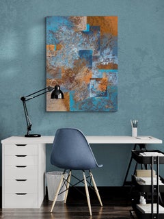 "Shore Break" mixed media abstract w/ textural blues, lavender, and orange