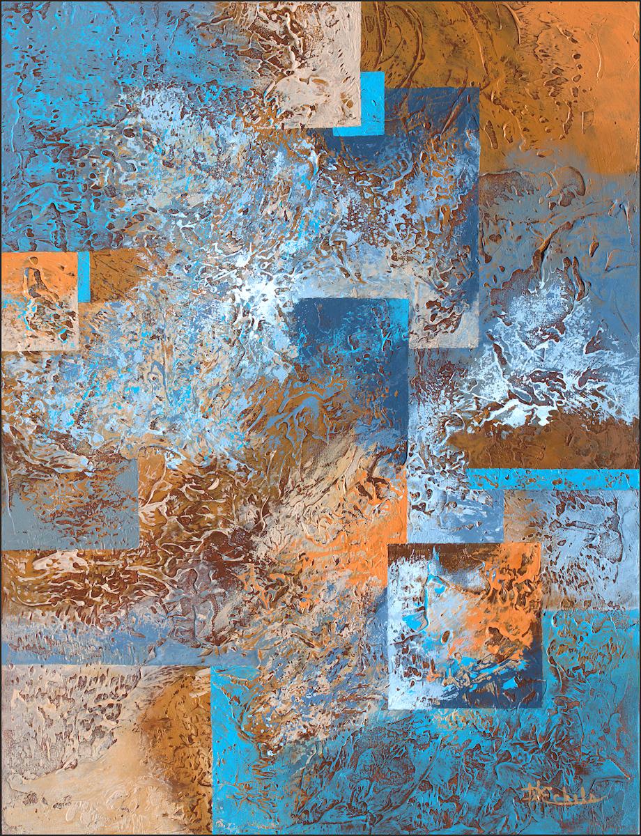 "Shore Break" tecnica mista astratta con texture blu, lavanda e arancione - Mixed Media Art di Nancy Eckels