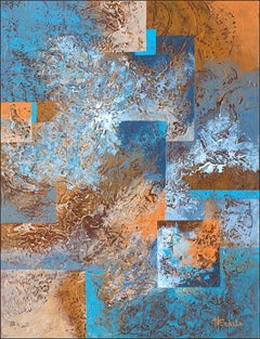 "Shore Break" mixed media abstract w/ textural blues, lavender, and orange