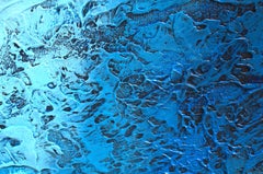 "Shy Moon" Mixed Media abstract with textural rich blues, aqua