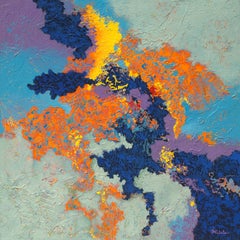 "Sky Fire"" Mixed Media abstract with textural gold, orange, blues and lavender
