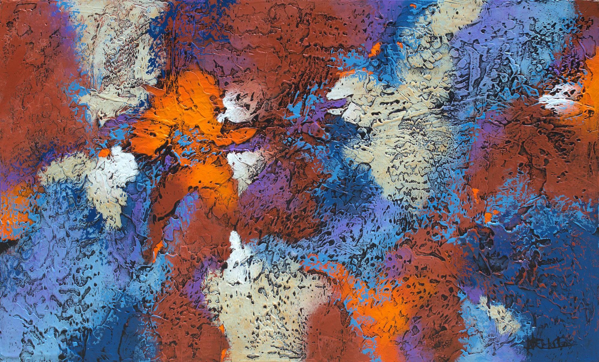 "Prisma celeste" es un atrevido y bello cuadro abstracto de Nancy Eckels. Utilizando una textura escultórica con bellos rojos y azules profundos, contrastada con texturas fluidas y reflejos lavanda y blancos, este cuadro crea un ambiente a la vez
