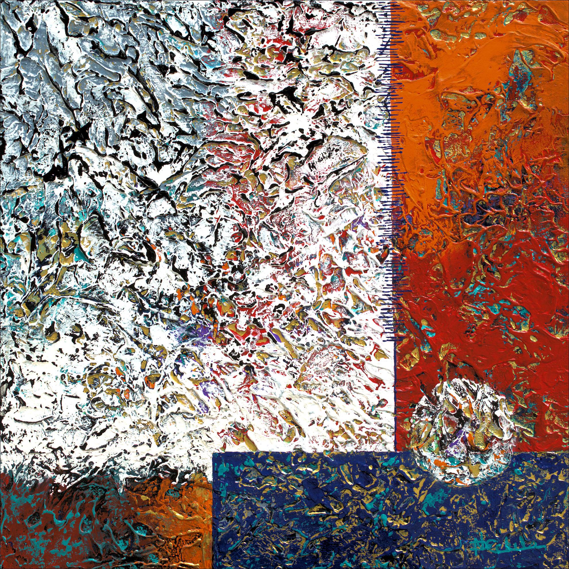 Nancy Eckels Abstract Painting – ""So Much To Explain" Abstraktes Mixed Media mit strukturierten Violett-, Blau- und Rottönen