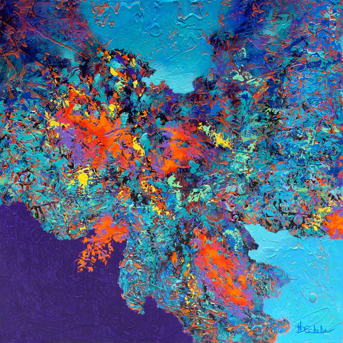 Some Like It Hot" bold abstract with textural rich blues, teal, aqua, reds - Mixed Media Art by Nancy Eckels