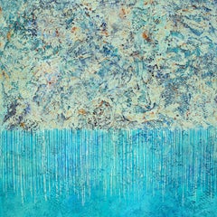 "Soothing" Mixed Media abstract with textural blues, teal, aqua and gray