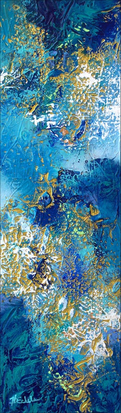 "Sparkle and Churn" Mixed Media abstract with textural blues, greens and gold