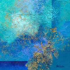 "Sparkling Ocean" Mixed Media abstract with textural blues, teal, metallic gold