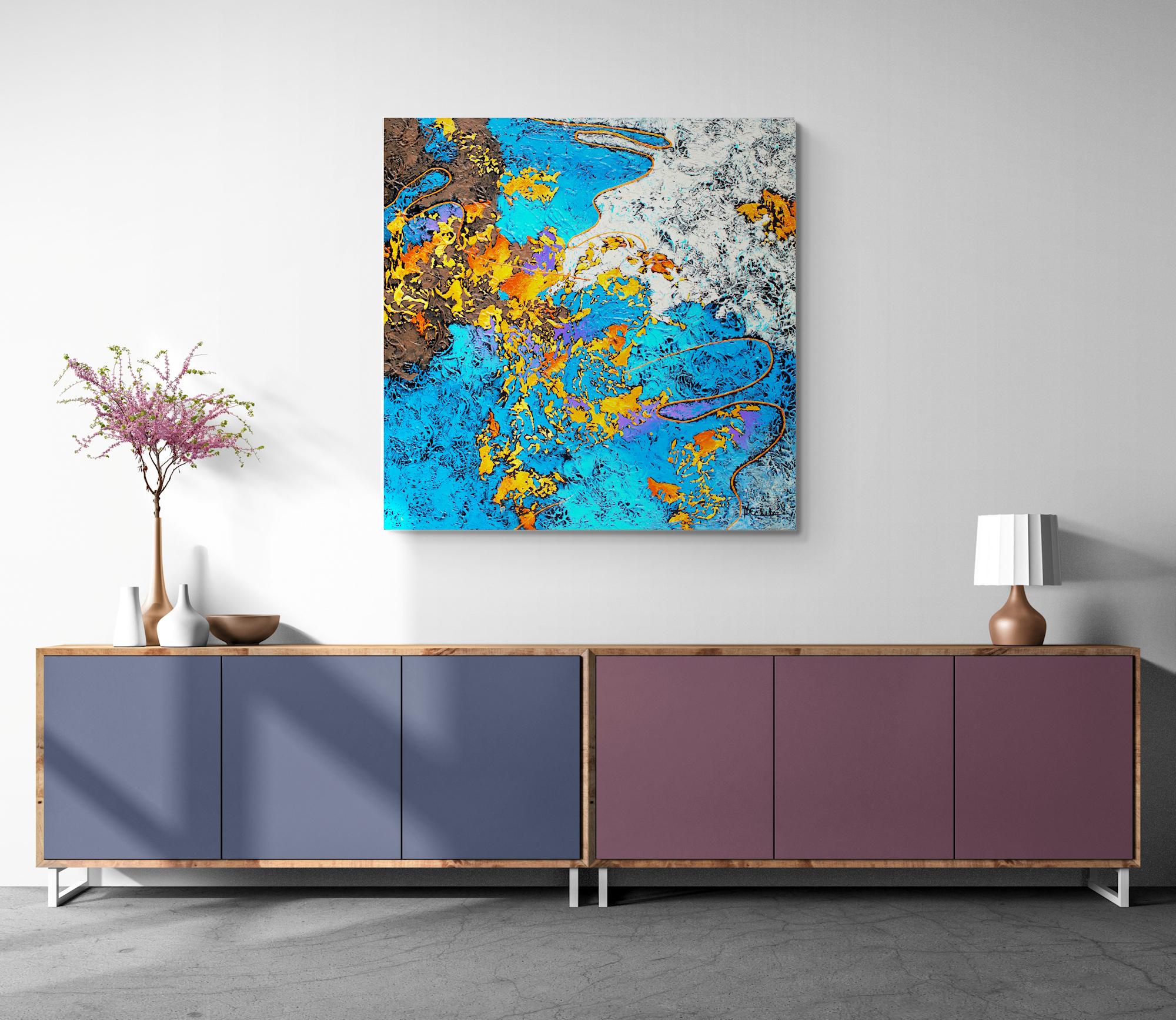 This original abstract acrylic painting features a background of watery blue with lots of sparks of bright oranges and yellows cascading toward the bottom.  It will brighten the mood in any room.  The canvas is 1.5