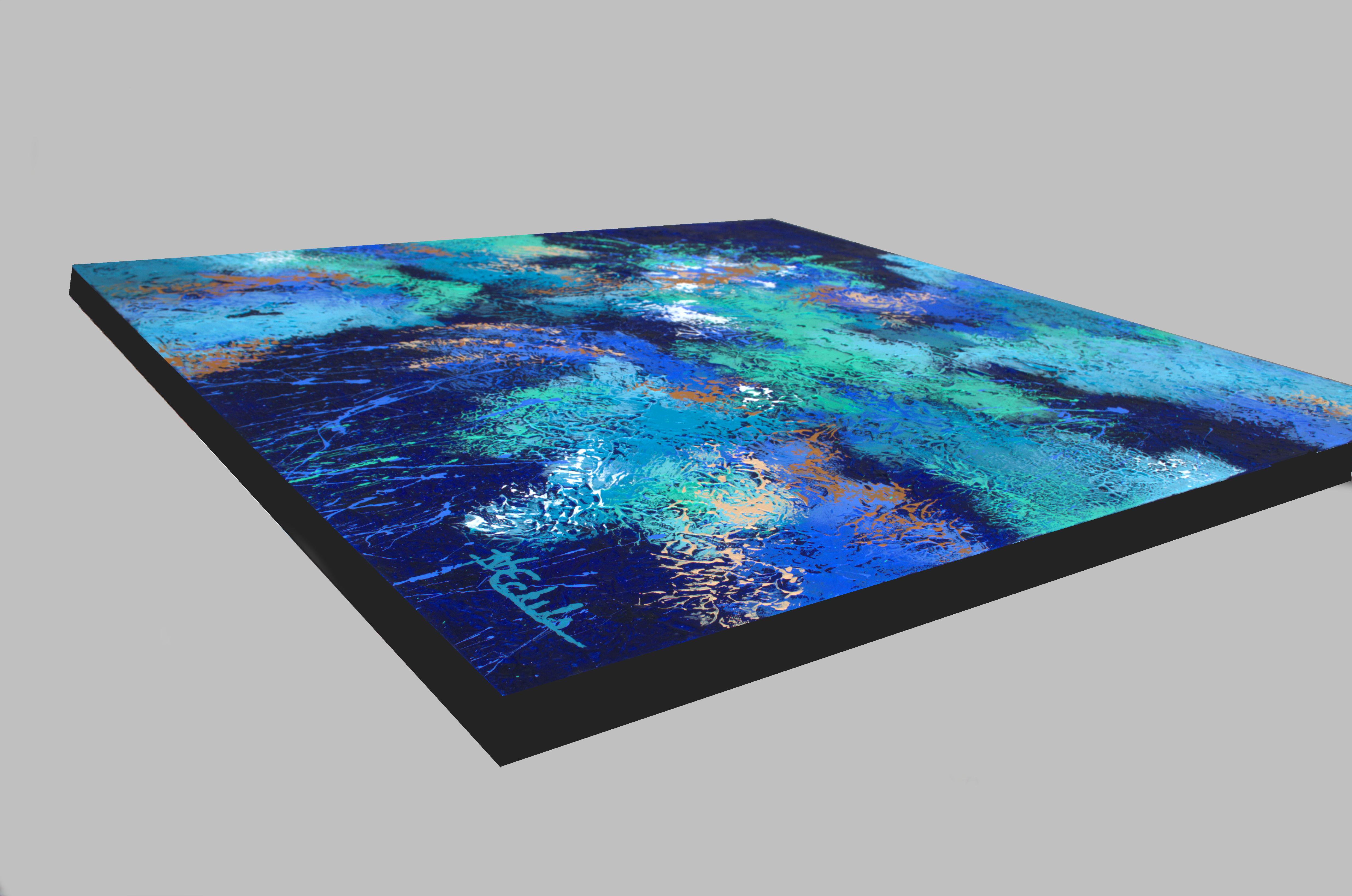 „Splash and Splatter“ Abstraktes Mixed Media-Gemälde mit strukturierten Blau-, Aqua- und Violetttönen – Painting von Nancy Eckels