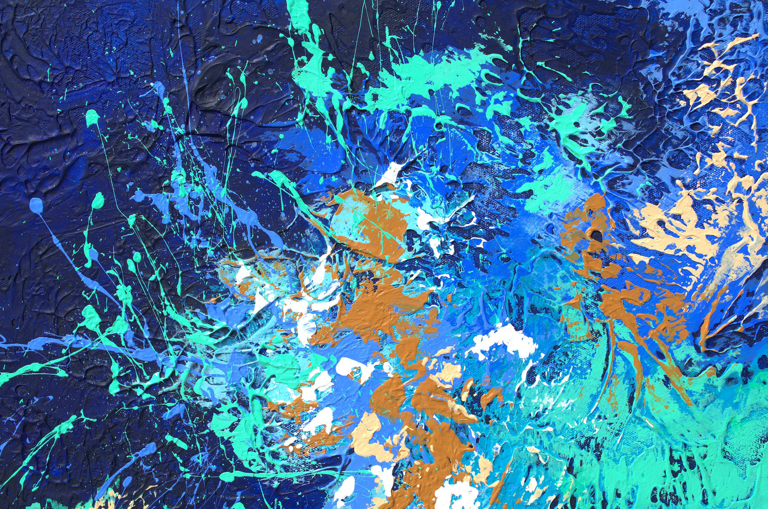 „Splash and Splatter“ Abstraktes Mixed Media-Gemälde mit strukturierten Blau-, Aqua- und Violetttönen (Abstrakter Expressionismus), Painting, von Nancy Eckels