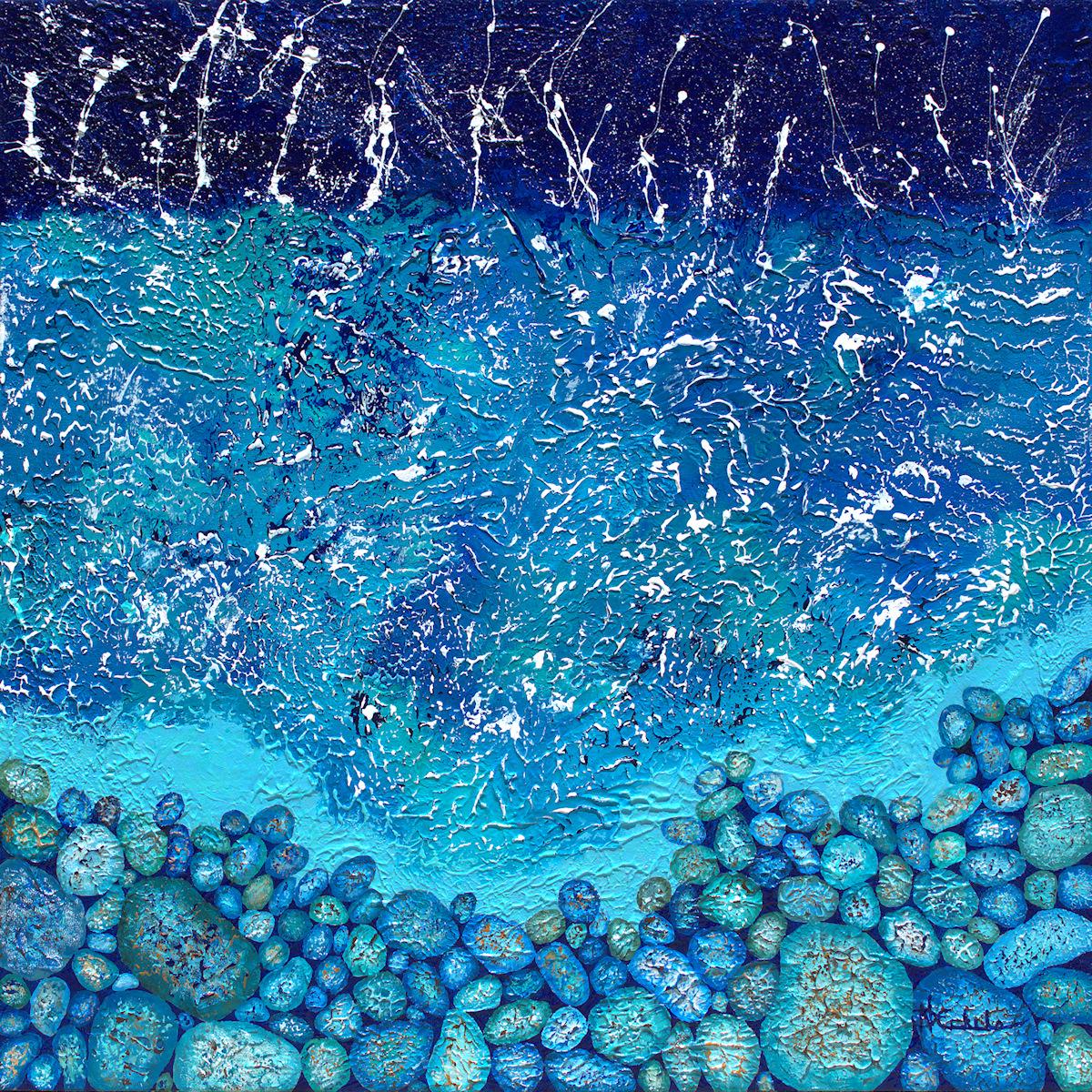 ""Splashy Rocks" Abstraktes Gemälde in Mischtechnik mit strukturierten satten Blautönen, Teal, Aqua – Mixed Media Art von Nancy Eckels