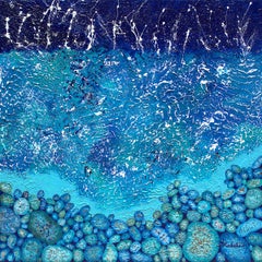 "Splashy Rocks" Mixed Media abstract with textural rich blues, teal, aqua