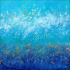 « Splashy Wet Detail » - Technique mixte abstraite avec texture bleu sarcelle, turquoise