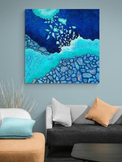 "Sudden Gust" Mixed Media abstract with textural rich blues, teal, aqua