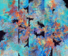 "Sunset Sea Dance" large abstract painting with textural greens, blues & orange