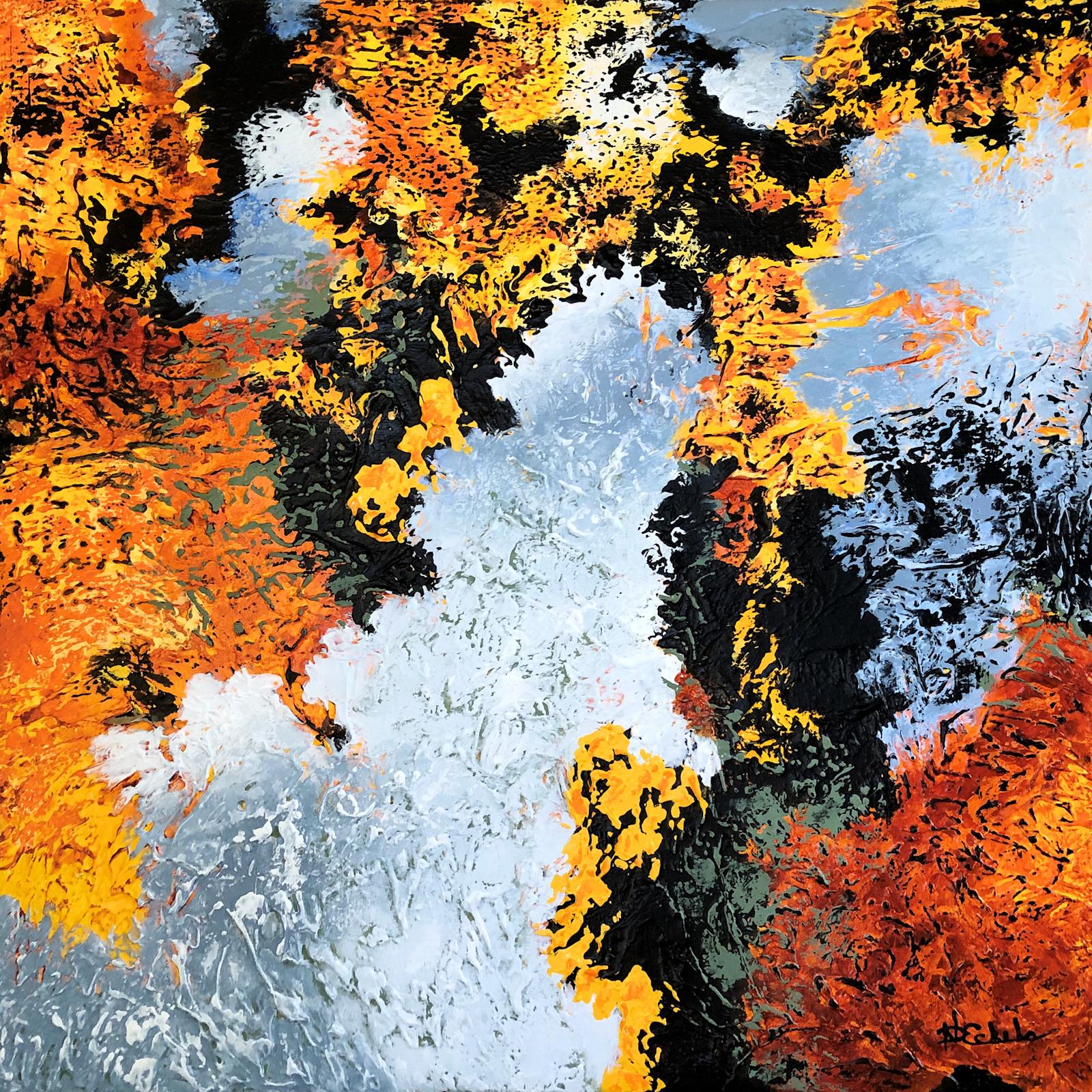 "Sonnenscheinküste"  Mixed Media mit strukturiertem Gold, Orange, Blau und Lavendel – Mixed Media Art von Nancy Eckels