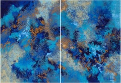 "Swirling Tides" Mixed Media abstract with textural blues, white and tans