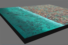 « Texture Love », technique mixte abstraite avec des verts texturés, des rouges et des turquoises