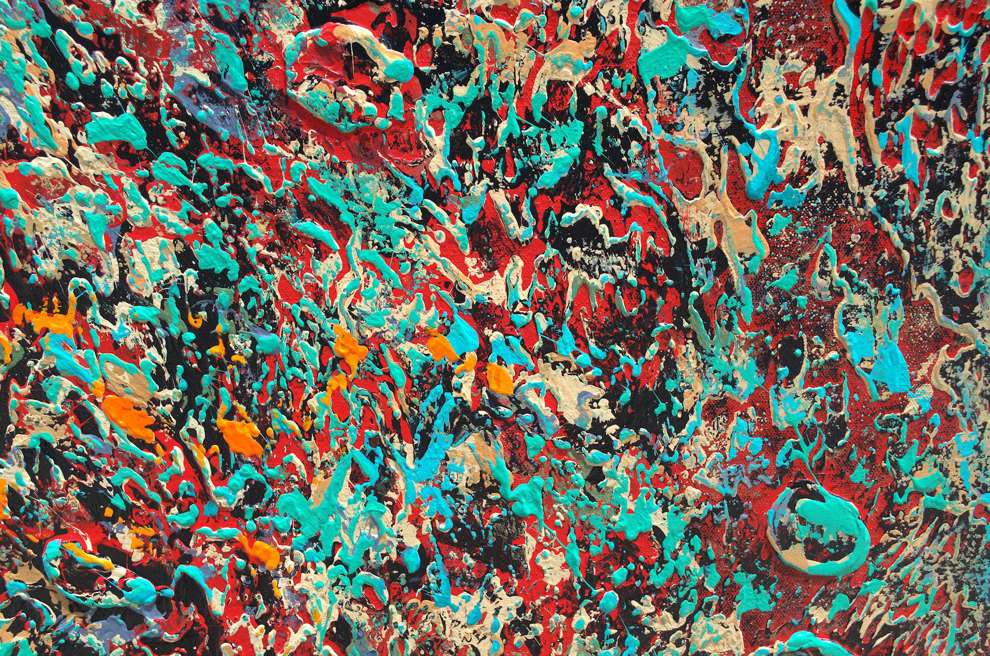 « Texture Love », technique mixte abstraite avec des verts texturés, des rouges et des turquoises - Impressionnisme abstrait Painting par Nancy Eckels