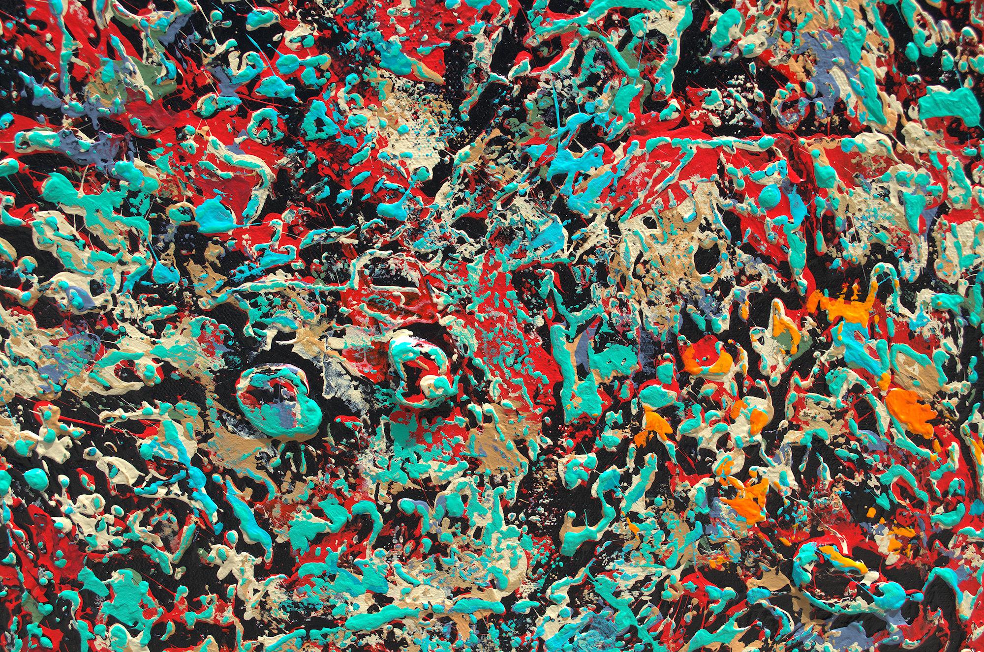 « Texture Love », technique mixte abstraite avec des verts texturés, des rouges et des turquoises - Vert Abstract Painting par Nancy Eckels