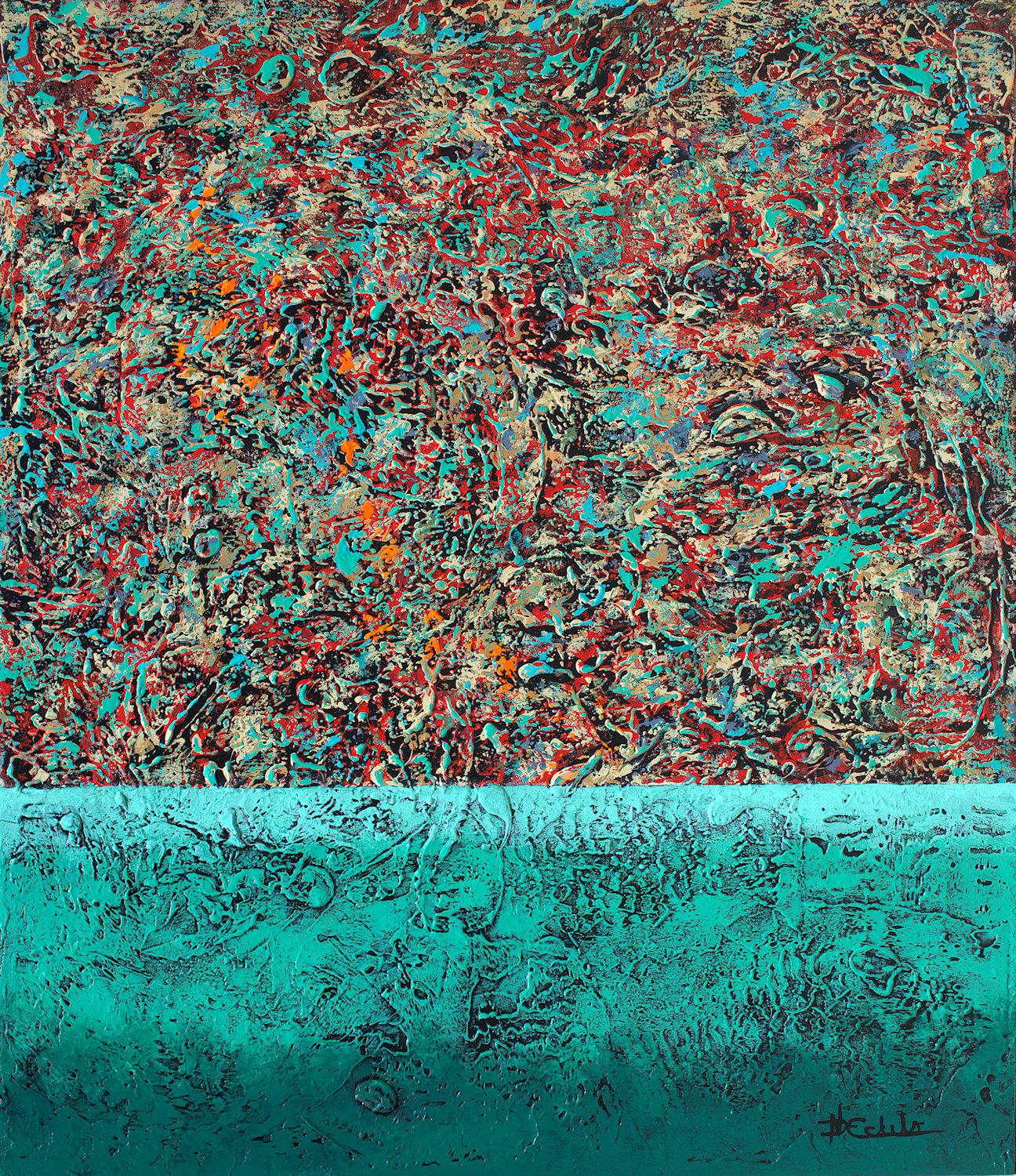 Abstract Painting Nancy Eckels - « Texture Love », technique mixte abstraite avec des verts texturés, des rouges et des turquoises