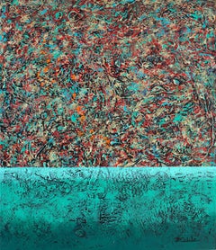 « Texture Love », technique mixte abstraite avec des verts texturés, des rouges et des turquoises